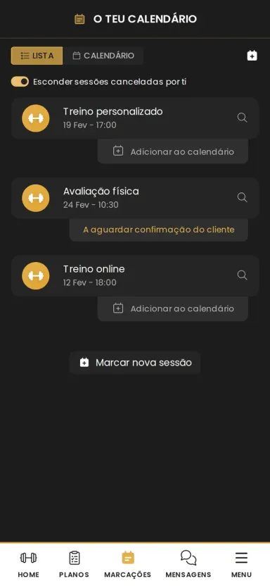 Calendário de sessões na app greatr, em lista, com as sessões marcadas e as que aguardam confirmação.