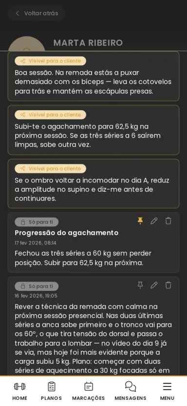 Notas de acompanhamento de uma sessão na app greatr, com as notas visíveis para o cliente e as notas privadas.