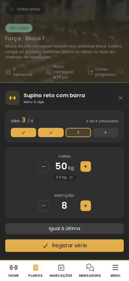 Registo de uma série na app greatr, com a carga e as repetições que o cliente acabou de fazer.