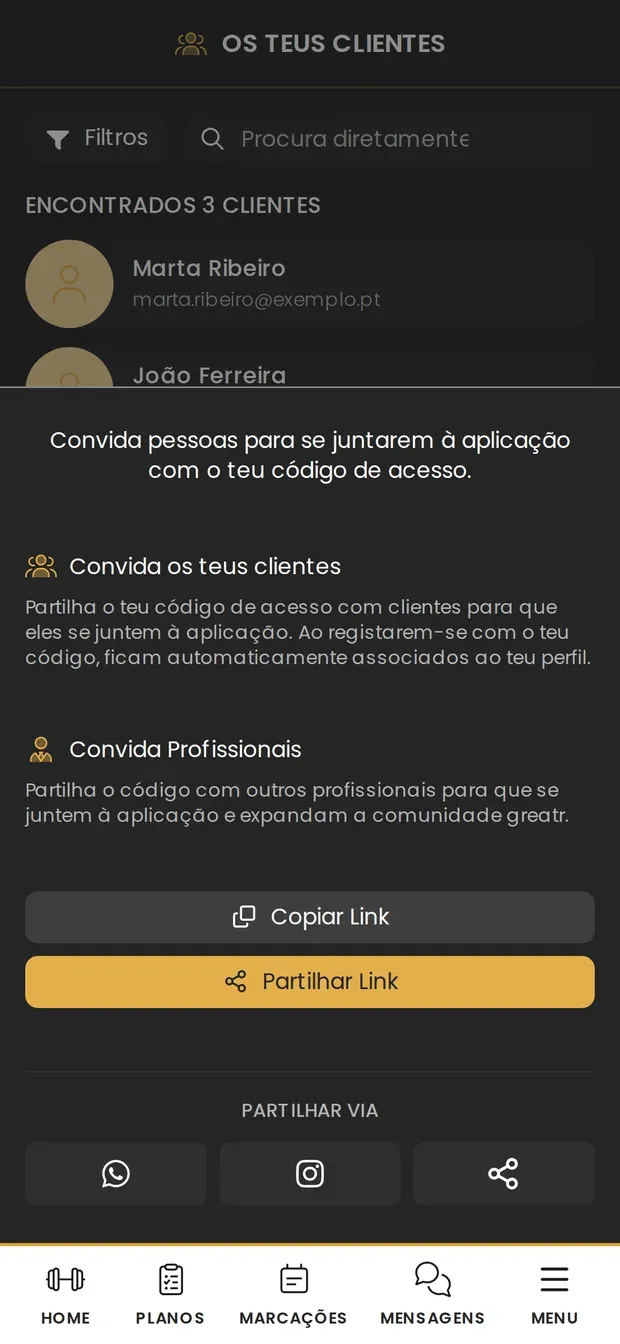 Janela de partilha do código de acesso na app greatr, com as opções de copiar o link e partilhar por WhatsApp ou Instagram.
